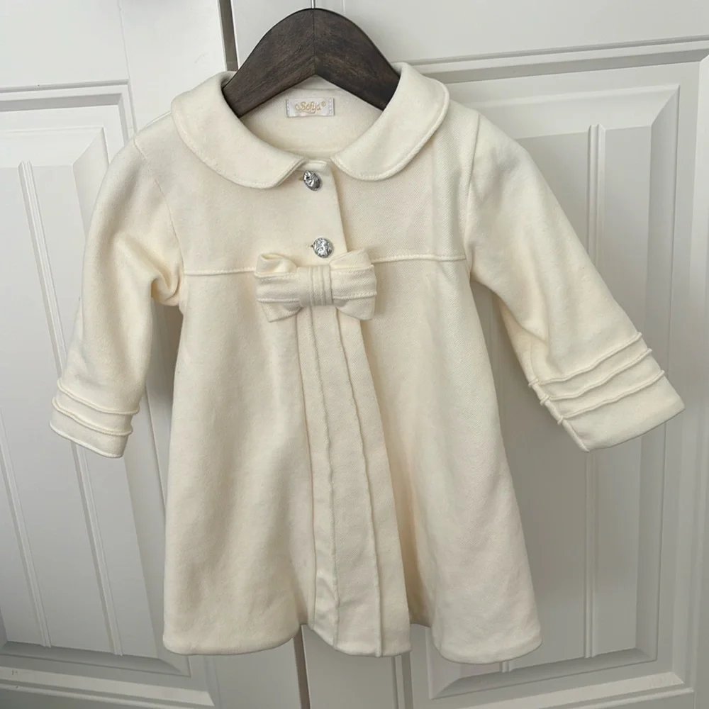 Sofija Girl’s Ivory Cotton Dress Coat with Crystal Buttons - 86cm